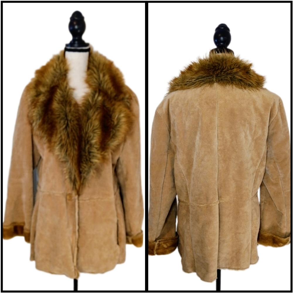 Vintage St. John's Bay 90s y2k Penny Lane Style Tan Leather Faux Fur Coat Size L - Picture 1 of 15